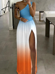 Summer Women High Slit One Shoulder Maxi Dress Party Dress Outfits Aiertu