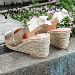 Summer Women High Wedge Heels Espadrille Soled Sandals Slippers Shoes Female Bowknot Gladiator Slingback Sandals Slippers Shoes Aiertu