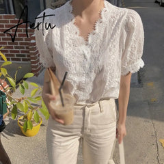 Summer Women Lace Hollow Out Blouse V-Neck Casual Short Sleeve Blouse Sweet Loose Solid Shirt Female Tops Aiertu
