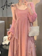 Summer Women Maxi Long Sundress Suspenders Solid Ruffls Fairy Vestidos Long Elegant Feminine Holiday Beach Romantic Dress Aiertu
