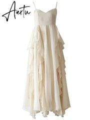 Summer Women Maxi Long Sundress Suspenders Solid Ruffls Fairy Vestidos Long Elegant Feminine Holiday Beach Romantic Dress Aiertu