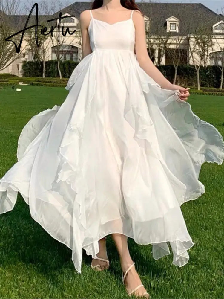 Summer Women Maxi Long Sundress Suspenders Solid Ruffls Fairy Vestidos Long Elegant Feminine Holiday Beach Romantic Dress Aiertu