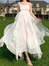 Summer Women Maxi Long Sundress Suspenders Solid Ruffls Fairy Vestidos Long Elegant Feminine Holiday Beach Romantic Dress Aiertu