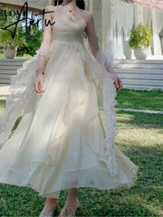 Summer Women Maxi Long Sundress Suspenders Solid Ruffls Fairy Vestidos Long Elegant Feminine Holiday Beach Romantic Dress Aiertu