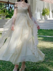 Summer Women Maxi Long Sundress Suspenders Solid Ruffls Fairy Vestidos Long Elegant Feminine Holiday Beach Romantic Dress Aiertu