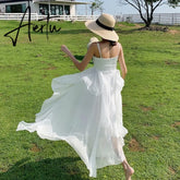 Summer Women Maxi Long Sundress Suspenders Solid Ruffls Fairy Vestidos Long Elegant Feminine Holiday Beach Romantic Dress Aiertu