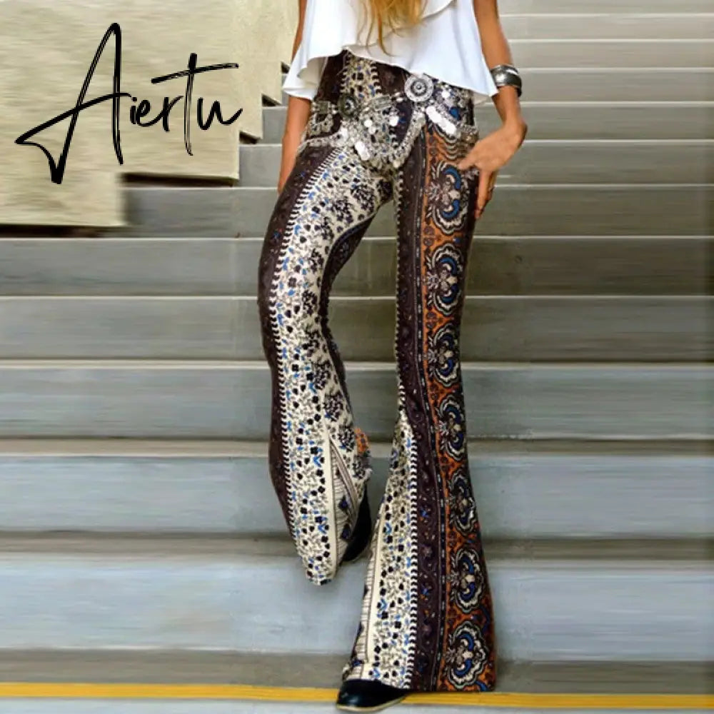 Summer Women Palazzo long Pants Floral Printing Boho Loose Wide Leg Pants Ladies Beach Trousers Casual High Waist Flared Pants Aiertu
