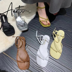 Summer Women Sandal Shoes Low Round Heel Narrow Band Gladiator Casual Sandal Ladies Casual Outdoor Beach Slides Aiertu