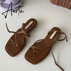 Summer Women Sandal Shoes Low Round Heel Narrow Band Gladiator Casual Sandal Ladies Casual Outdoor Beach Slides Aiertu