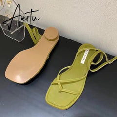 Summer Women Sandal Shoes Low Round Heel Narrow Band Gladiator Casual Sandal Ladies Casual Outdoor Beach Slides Aiertu