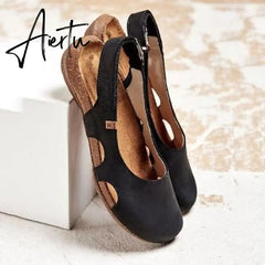 Summer Women Sandals Wedges New Fashion Casual Buckle Hot Gladiator Non-Slip Sandals Retro Flock Party Office Ladies Shoes Aiertu
