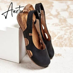 Summer Women Sandals Wedges New Fashion Casual Buckle Hot Gladiator Non-Slip Sandals Retro Flock Party Office Ladies Shoes Aiertu