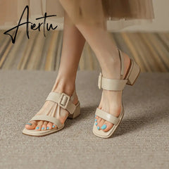 Summer Women Shoes Open Toe Shoes Women Sandals Square Heel Genuine Leather Chunky Heel Med Heel Sandals Heels Cow Leather Aiertu