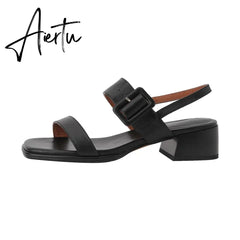 Summer Women Shoes Open Toe Shoes Women Sandals Square Heel Genuine Leather Chunky Heel Med Heel Sandals Heels Cow Leather Aiertu