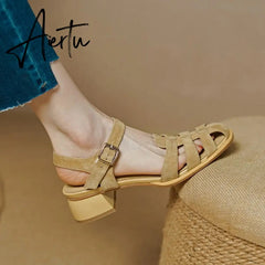 Summer Women Shoes Round Toe Women Sandals Casual Suede Shoes for Women Roman Heels Green Genuine Leather Mid Heels Aiertu