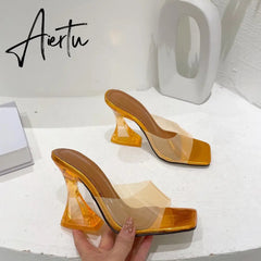 Summer Women Slippers Fashion Sexy Square Head PVC Transparent Heel High Heels Temperament Party Shoes Aiertu
