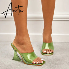 Summer Women Slippers Fashion Sexy Square Head PVC Transparent Heel High Heels Temperament Party Shoes Aiertu