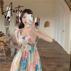 Summer Women Vintage Flower Sling Dress Bow Tie Strap Square Neck Sleeveless Slim Midi Floral Skirt French Ladies Clothes Aiertu