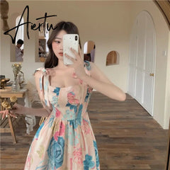 Summer Women Vintage Flower Sling Dress Bow Tie Strap Square Neck Sleeveless Slim Midi Floral Skirt French Ladies Clothes Aiertu