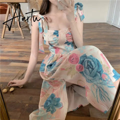 Summer Women Vintage Flower Sling Dress Bow Tie Strap Square Neck Sleeveless Slim Midi Floral Skirt French Ladies Clothes Aiertu