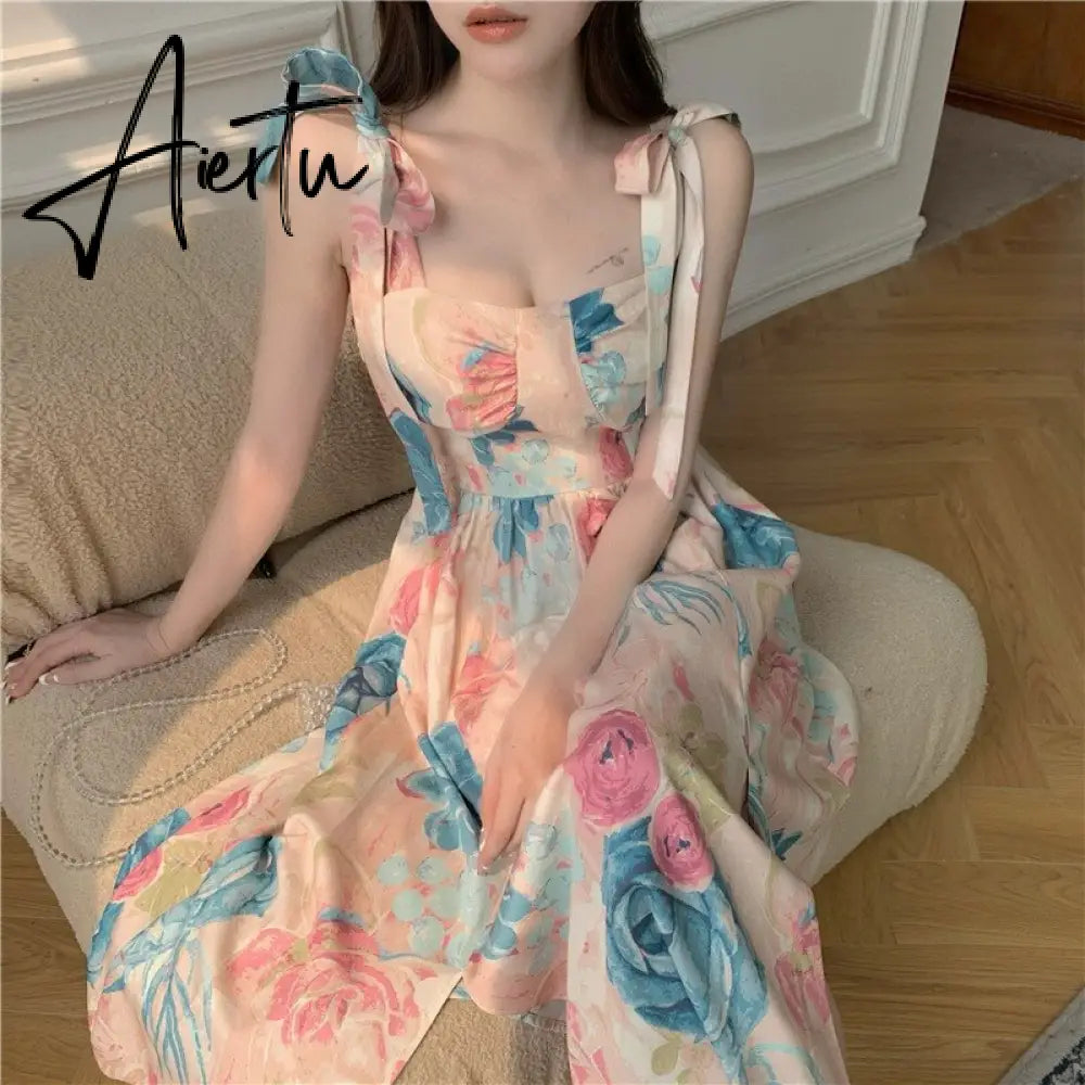Summer Women Vintage Flower Sling Dress Bow Tie Strap Square Neck Sleeveless Slim Midi Floral Skirt French Ladies Clothes Aiertu