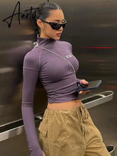 Summer Women Zipper Long Sleeve Bodycon T Shirt Fitness Crop Top Streetwear Y2K Clothes Outfits Sexy Korean Christmas Aiertu