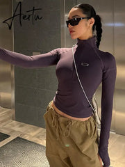 Summer Women Zipper Long Sleeve Bodycon T Shirt Fitness Crop Top Streetwear Y2K Clothes Outfits Sexy Korean Christmas Aiertu
