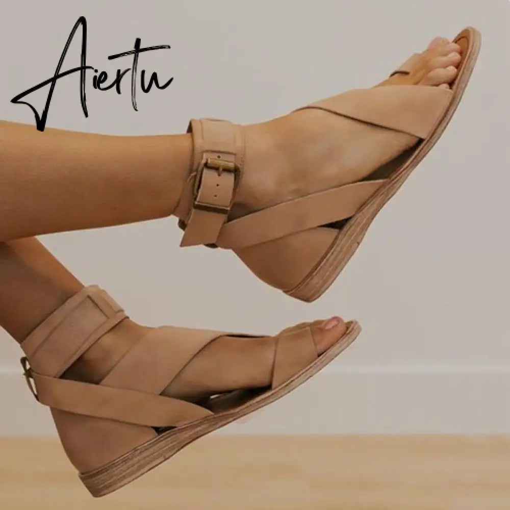 Summer Women's Shoes Fashion Casual Roman Style Flat Sandals Female Open-Toe Shoes Sandals Ladies Low Hills Beach Slippers Aiertu