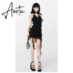 Summer Women's Suspender Dress Sleeveless Holiday Romantic Sexy Style Korean Fashion Irregular Black Chiffon Short Skirt Dress Aiertu