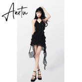 Summer Women's Suspender Dress Sleeveless Holiday Romantic Sexy Style Korean Fashion Irregular Black Chiffon Short Skirt Dress Aiertu