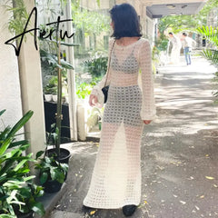 Summer Y2K Knitted Hollow Out Maxi Dress Beach Holiday See Through Cover-Ups Wrap Bodycon Chic Women Backless Long Dresses Aiertu