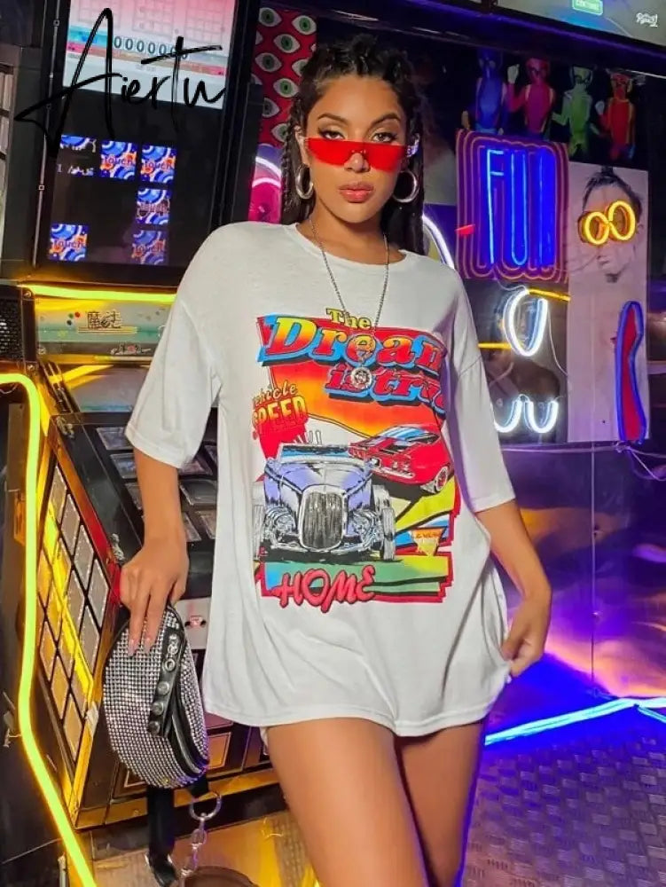 sunfiz YF DreamCar T Shirt Casual Short Sleeve Black T-shirts Cute Tees Long Graphic Tops Womens Tees Tops Female Summer Tees Aiertu