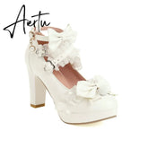 Super High Heeled Sweet Lolita Gothic Style Cosplay Shoes Girls Lovely Bow Tie Fur Ball Women Pumps Lace Cross Strap Aiertu