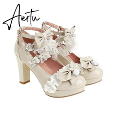 Super High Heeled Sweet Lolita Gothic Style Cosplay Shoes Girls Lovely Bow Tie Fur Ball Women Pumps Lace Cross Strap Aiertu