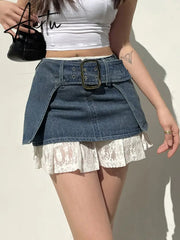 Super Short Mini Denim Skirt Low Rise Basic Belt Jeans Micro Skirts Harajuku y2k Aesthetic Women Vintage Streetwear Aiertu