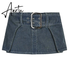 Super Short Mini Denim Skirt Low Rise Basic Belt Jeans Micro Skirts Harajuku y2k Aesthetic Women Vintage Streetwear Aiertu