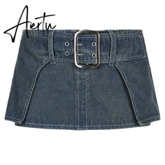 Super Short Mini Denim Skirt Low Rise Basic Belt Jeans Micro Skirts Harajuku y2k Aesthetic Women Vintage Streetwear Aiertu