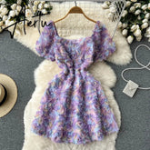 Sweet 3d Floral Short Sleeve Dress For Women Summer Streetwear Square Neck Mini Dress Lady Cute Floral Party Holiday Aiertu