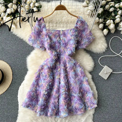 Sweet 3d Floral Short Sleeve Dress For Women Summer Streetwear Square Neck Mini Dress Lady Cute Floral Party Holiday Aiertu