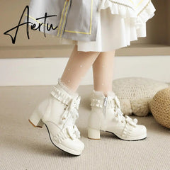 Sweet Bowknot Ruffles Med Heels Shoelace Gothic Lolita Style Ankle Boots Japanese Harajuku Women Shoes Big Size 43 Aiertu