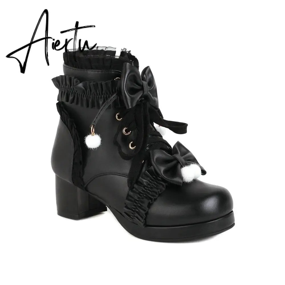 Sweet Bowknot Ruffles Med Heels Shoelace Gothic Lolita Style Ankle Boots Japanese Harajuku Women Shoes Big Size 43 Aiertu