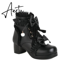 Sweet Bowknot Ruffles Med Heels Shoelace Gothic Lolita Style Ankle Boots Japanese Harajuku Women Shoes Big Size 43 Aiertu