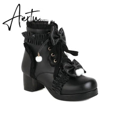Sweet Bowknot Ruffles Med Heels Shoelace Gothic Lolita Style Ankle Boots Japanese Harajuku Women Shoes Big Size 43 Aiertu