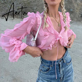 Sweet Girl Pink Ruffles Crop Top Y2K Kawaii Bandage T-shirt Sexy Mesh Sheer Transparent Tees Chic Women Vintage Streetwear Aiertu
