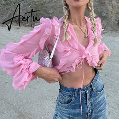 Sweet Girl Pink Ruffles Crop Top Y2K Kawaii Bandage T-shirt Sexy Mesh Sheer Transparent Tees Chic Women Vintage Streetwear Aiertu