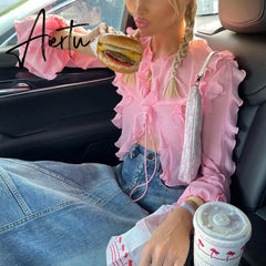 Sweet Girl Pink Ruffles Crop Top Y2K Kawaii Bandage T-shirt Sexy Mesh Sheer Transparent Tees Chic Women Vintage Streetwear Aiertu