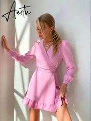 Sweet Ruffles A Line Robe Dress Party Bandage Long Sleeve High Waist Slim Fashion Mini White Dress Summer New Arrivals Aiertu