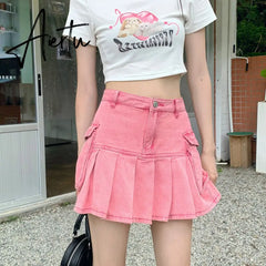 Sweet Spicy Pink Denim Mini Pleated Skirt Women High Waist American Design A-line Skirt Summer Fashion Casual Short Skirt Aiertu
