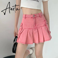 Sweet Spicy Pink Denim Mini Pleated Skirt Women High Waist American Design A-line Skirt Summer Fashion Casual Short Skirt Aiertu
