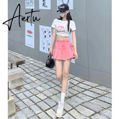 Sweet Spicy Pink Denim Mini Pleated Skirt Women High Waist American Design A-line Skirt Summer Fashion Casual Short Skirt Aiertu